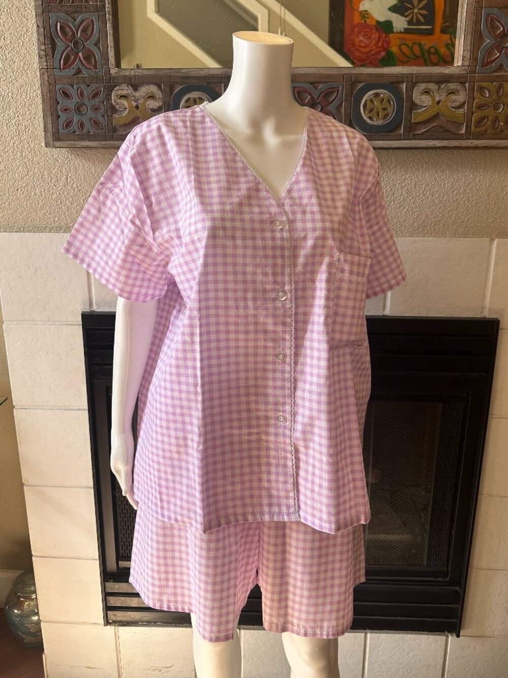 PJ's Purple Checkered Matching set button up and shorts lounge wear NWOT 3XL